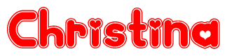 The image is a red and white graphic with the word Christina written in a decorative script. Each letter in  is contained within its own outlined bubble-like shape. Inside each letter, there is a white heart symbol.