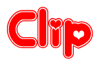 The image is a clipart featuring the word Clip written in a stylized font with a heart shape replacing inserted into the center of each letter. The color scheme of the text and hearts is red with a light outline.