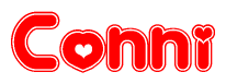 The image is a red and white graphic with the word Conni written in a decorative script. Each letter in  is contained within its own outlined bubble-like shape. Inside each letter, there is a white heart symbol.