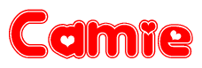 The image displays the word Camie written in a stylized red font with hearts inside the letters.