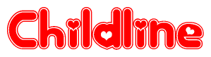 The image is a clipart featuring the word Childline written in a stylized font with a heart shape replacing inserted into the center of each letter. The color scheme of the text and hearts is red with a light outline.
