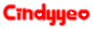 The image is a red and white graphic with the word Cindyyeo written in a decorative script. Each letter in  is contained within its own outlined bubble-like shape. Inside each letter, there is a white heart symbol.