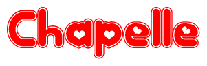 The image is a red and white graphic with the word Chapelle written in a decorative script. Each letter in  is contained within its own outlined bubble-like shape. Inside each letter, there is a white heart symbol.