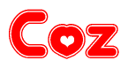 The image is a clipart featuring the word Coz written in a stylized font with a heart shape replacing inserted into the center of each letter. The color scheme of the text and hearts is red with a light outline.