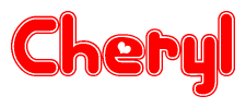 The image is a red and white graphic with the word Cheryl written in a decorative script. Each letter in  is contained within its own outlined bubble-like shape. Inside each letter, there is a white heart symbol.