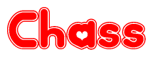 The image is a red and white graphic with the word Chass written in a decorative script. Each letter in  is contained within its own outlined bubble-like shape. Inside each letter, there is a white heart symbol.