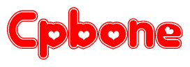 The image is a red and white graphic with the word Cpbone written in a decorative script. Each letter in  is contained within its own outlined bubble-like shape. Inside each letter, there is a white heart symbol.
