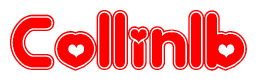 The image is a red and white graphic with the word Collinlb written in a decorative script. Each letter in  is contained within its own outlined bubble-like shape. Inside each letter, there is a white heart symbol.