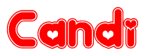 The image displays the word Candi written in a stylized red font with hearts inside the letters.