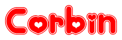 The image is a red and white graphic with the word Corbin written in a decorative script. Each letter in  is contained within its own outlined bubble-like shape. Inside each letter, there is a white heart symbol.