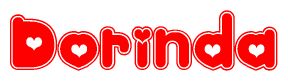 The image is a clipart featuring the word Dorinda written in a stylized font with a heart shape replacing inserted into the center of each letter. The color scheme of the text and hearts is red with a light outline.