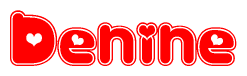The image is a red and white graphic with the word Denine written in a decorative script. Each letter in  is contained within its own outlined bubble-like shape. Inside each letter, there is a white heart symbol.