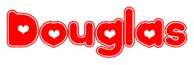 The image is a clipart featuring the word Douglas written in a stylized font with a heart shape replacing inserted into the center of each letter. The color scheme of the text and hearts is red with a light outline.