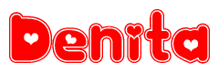 The image is a clipart featuring the word Denita written in a stylized font with a heart shape replacing inserted into the center of each letter. The color scheme of the text and hearts is red with a light outline.