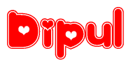 The image is a red and white graphic with the word Dipul written in a decorative script. Each letter in  is contained within its own outlined bubble-like shape. Inside each letter, there is a white heart symbol.
