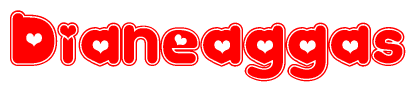 The image is a red and white graphic with the word Dianeaggas written in a decorative script. Each letter in  is contained within its own outlined bubble-like shape. Inside each letter, there is a white heart symbol.