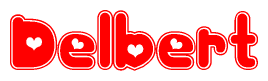 The image is a red and white graphic with the word Delbert written in a decorative script. Each letter in  is contained within its own outlined bubble-like shape. Inside each letter, there is a white heart symbol.