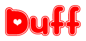 The image is a red and white graphic with the word Duff written in a decorative script. Each letter in  is contained within its own outlined bubble-like shape. Inside each letter, there is a white heart symbol.