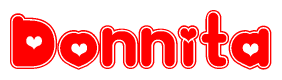 The image is a clipart featuring the word Donnita written in a stylized font with a heart shape replacing inserted into the center of each letter. The color scheme of the text and hearts is red with a light outline.