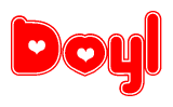 The image is a red and white graphic with the word Doyl written in a decorative script. Each letter in  is contained within its own outlined bubble-like shape. Inside each letter, there is a white heart symbol.