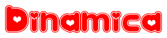 The image is a clipart featuring the word Dinamica written in a stylized font with a heart shape replacing inserted into the center of each letter. The color scheme of the text and hearts is red with a light outline.