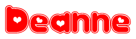 The image is a red and white graphic with the word Deanne written in a decorative script. Each letter in  is contained within its own outlined bubble-like shape. Inside each letter, there is a white heart symbol.