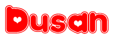 The image is a clipart featuring the word Dusan written in a stylized font with a heart shape replacing inserted into the center of each letter. The color scheme of the text and hearts is red with a light outline.