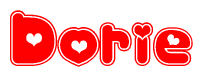 The image is a clipart featuring the word Dorie written in a stylized font with a heart shape replacing inserted into the center of each letter. The color scheme of the text and hearts is red with a light outline.