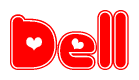 The image is a clipart featuring the word Dell written in a stylized font with a heart shape replacing inserted into the center of each letter. The color scheme of the text and hearts is red with a light outline.