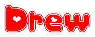 The image is a red and white graphic with the word Drew written in a decorative script. Each letter in  is contained within its own outlined bubble-like shape. Inside each letter, there is a white heart symbol.