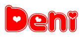 The image is a clipart featuring the word Deni written in a stylized font with a heart shape replacing inserted into the center of each letter. The color scheme of the text and hearts is red with a light outline.