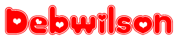 The image is a clipart featuring the word Debwilson written in a stylized font with a heart shape replacing inserted into the center of each letter. The color scheme of the text and hearts is red with a light outline.