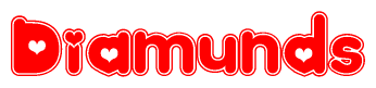 The image is a red and white graphic with the word Diamunds written in a decorative script. Each letter in  is contained within its own outlined bubble-like shape. Inside each letter, there is a white heart symbol.