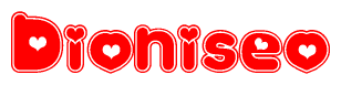The image displays the word Dioniseo written in a stylized red font with hearts inside the letters.