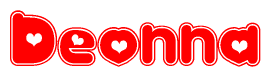 The image is a clipart featuring the word Deonna written in a stylized font with a heart shape replacing inserted into the center of each letter. The color scheme of the text and hearts is red with a light outline.