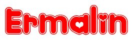 The image is a red and white graphic with the word Ermalin written in a decorative script. Each letter in  is contained within its own outlined bubble-like shape. Inside each letter, there is a white heart symbol.