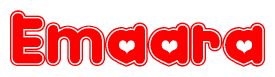 The image is a red and white graphic with the word Emaara written in a decorative script. Each letter in  is contained within its own outlined bubble-like shape. Inside each letter, there is a white heart symbol.