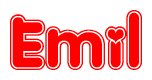 The image is a red and white graphic with the word Emil written in a decorative script. Each letter in  is contained within its own outlined bubble-like shape. Inside each letter, there is a white heart symbol.