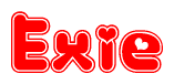 The image is a clipart featuring the word Exie written in a stylized font with a heart shape replacing inserted into the center of each letter. The color scheme of the text and hearts is red with a light outline.