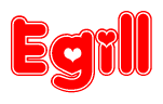   The image is a clipart featuring the word Egill written in a stylized font with a heart shape replacing inserted into the center of each letter. The color scheme of the text and hearts is red with a light outline. 