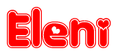 The image is a red and white graphic with the word Eleni written in a decorative script. Each letter in  is contained within its own outlined bubble-like shape. Inside each letter, there is a white heart symbol.