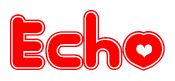 The image is a red and white graphic with the word Echo written in a decorative script. Each letter in  is contained within its own outlined bubble-like shape. Inside each letter, there is a white heart symbol.