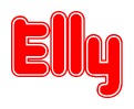 The image is a red and white graphic with the word Elly written in a decorative script. Each letter in  is contained within its own outlined bubble-like shape. Inside each letter, there is a white heart symbol.