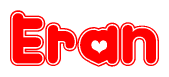 The image is a red and white graphic with the word Eran written in a decorative script. Each letter in  is contained within its own outlined bubble-like shape. Inside each letter, there is a white heart symbol.