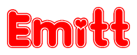 The image is a red and white graphic with the word Emitt written in a decorative script. Each letter in  is contained within its own outlined bubble-like shape. Inside each letter, there is a white heart symbol.