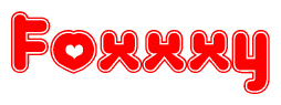 The image is a clipart featuring the word Foxxxy written in a stylized font with a heart shape replacing inserted into the center of each letter. The color scheme of the text and hearts is red with a light outline.