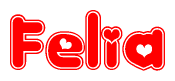 The image is a red and white graphic with the word Felia written in a decorative script. Each letter in  is contained within its own outlined bubble-like shape. Inside each letter, there is a white heart symbol.
