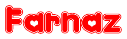 The image is a clipart featuring the word Farnaz written in a stylized font with a heart shape replacing inserted into the center of each letter. The color scheme of the text and hearts is red with a light outline.