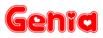 The image displays the word Genia written in a stylized red font with hearts inside the letters.