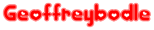 The image is a red and white graphic with the word Geoffreybodle written in a decorative script. Each letter in  is contained within its own outlined bubble-like shape. Inside each letter, there is a white heart symbol.